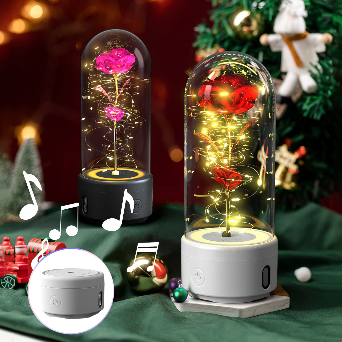 2-in-1 LED Rose Flower Lamp with Bluetooth Speaker | Romantic Glass Dome Gift