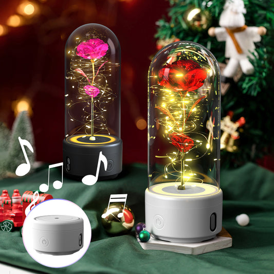 2-in-1 LED Rose Flower Lamp with Bluetooth Speaker | Romantic Glass Dome Gift