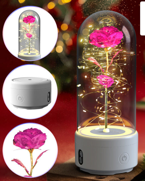 2-in-1 LED Rose Flower Lamp with Bluetooth Speaker | Romantic Glass Dome Gift