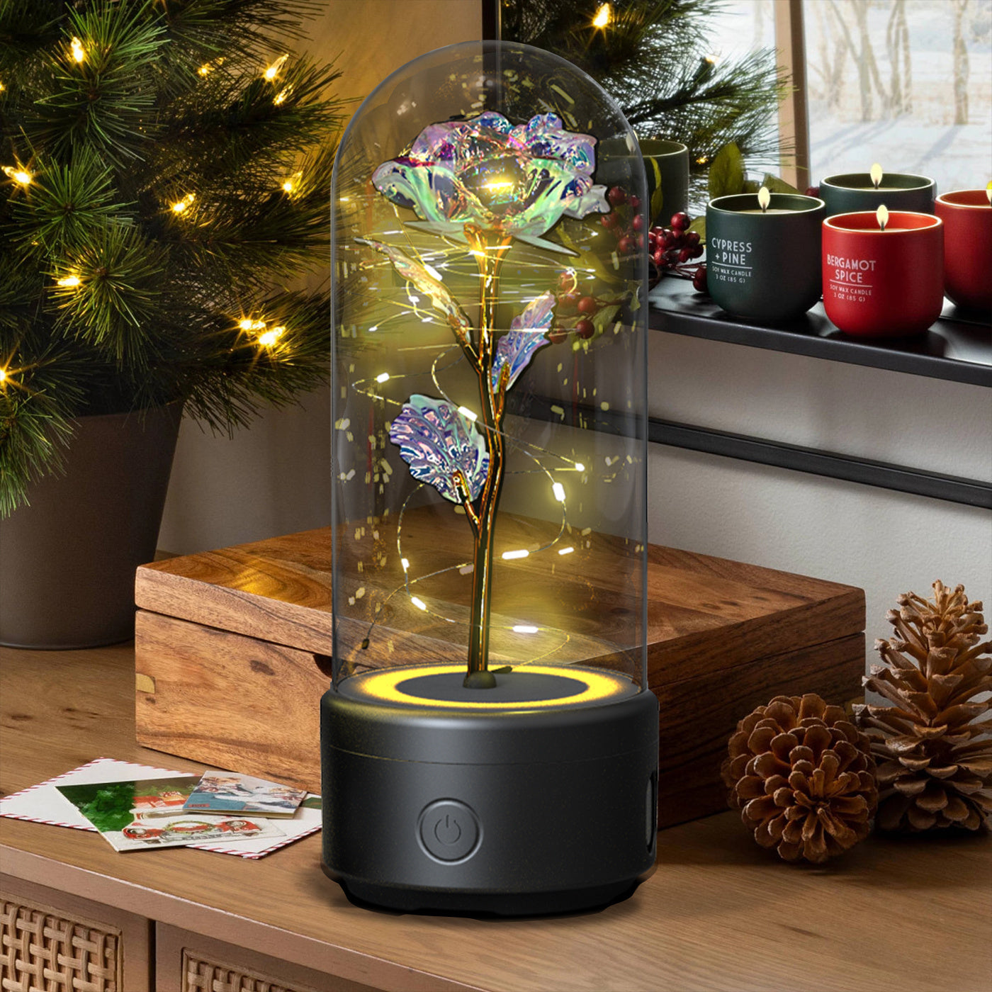 2-in-1 LED Rose Flower Lamp with Bluetooth Speaker | Romantic Glass Dome Gift