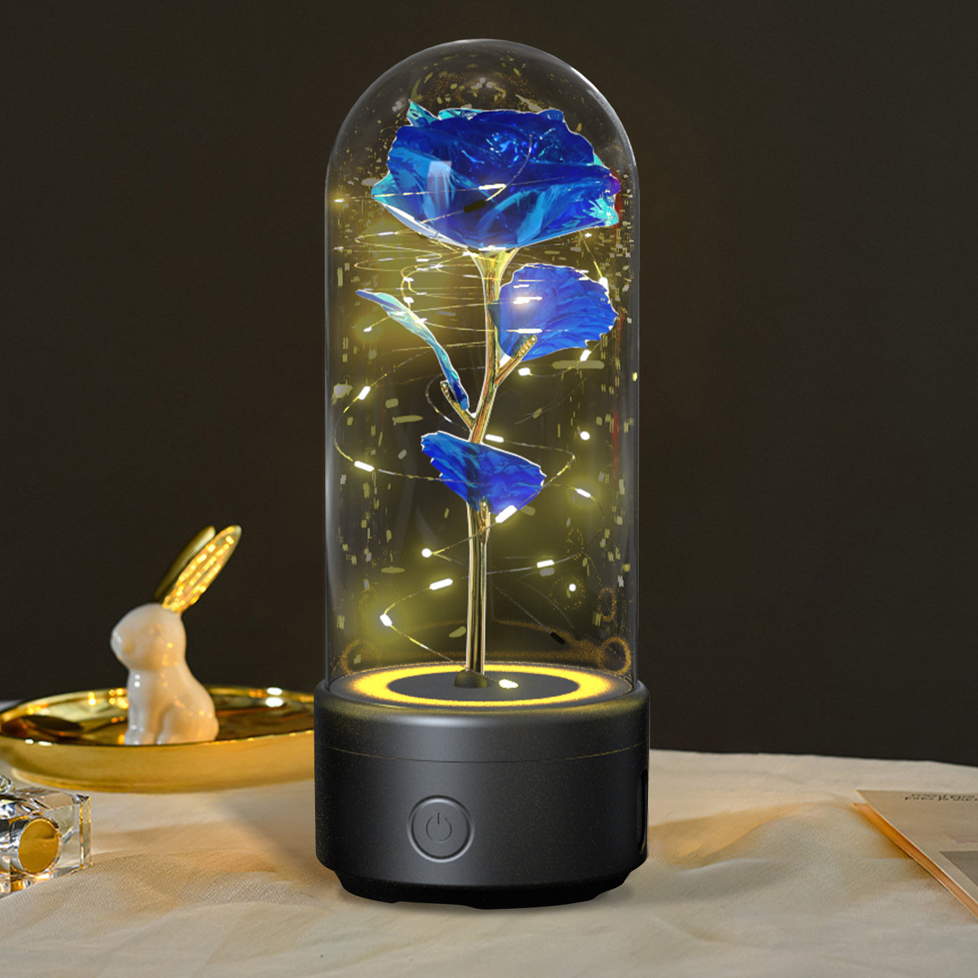 2-in-1 LED Rose Flower Lamp with Bluetooth Speaker | Romantic Glass Dome Gift