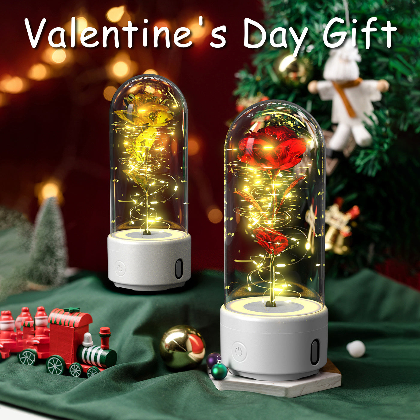 2-in-1 LED Rose Flower Lamp with Bluetooth Speaker | Romantic Glass Dome Gift
