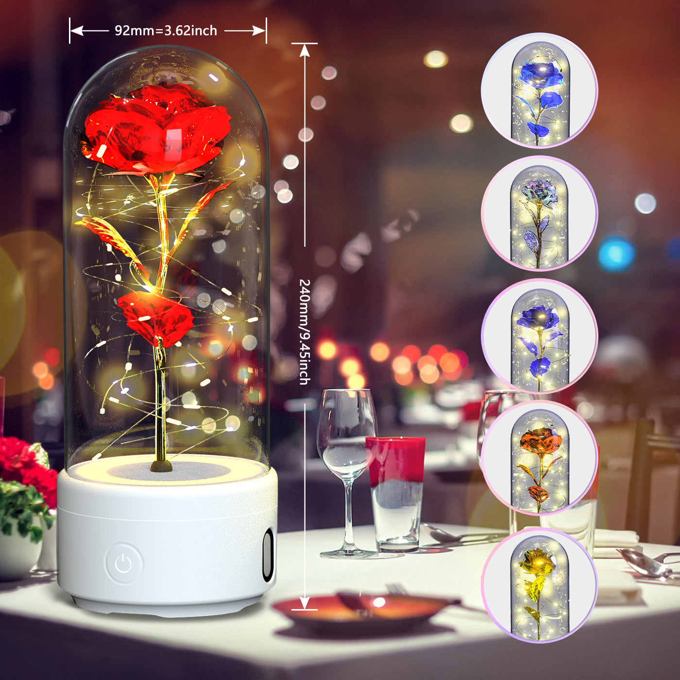 2-in-1 LED Rose Flower Lamp with Bluetooth Speaker | Romantic Glass Dome Gift