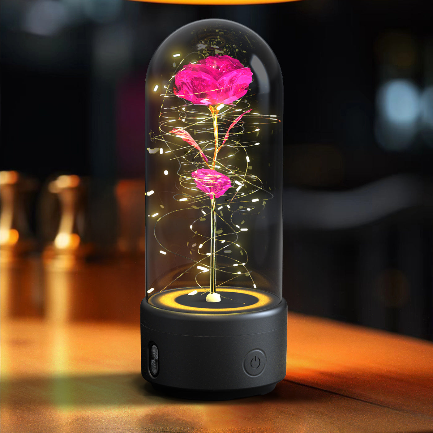 2-in-1 LED Rose Flower Lamp with Bluetooth Speaker | Romantic Glass Dome Gift