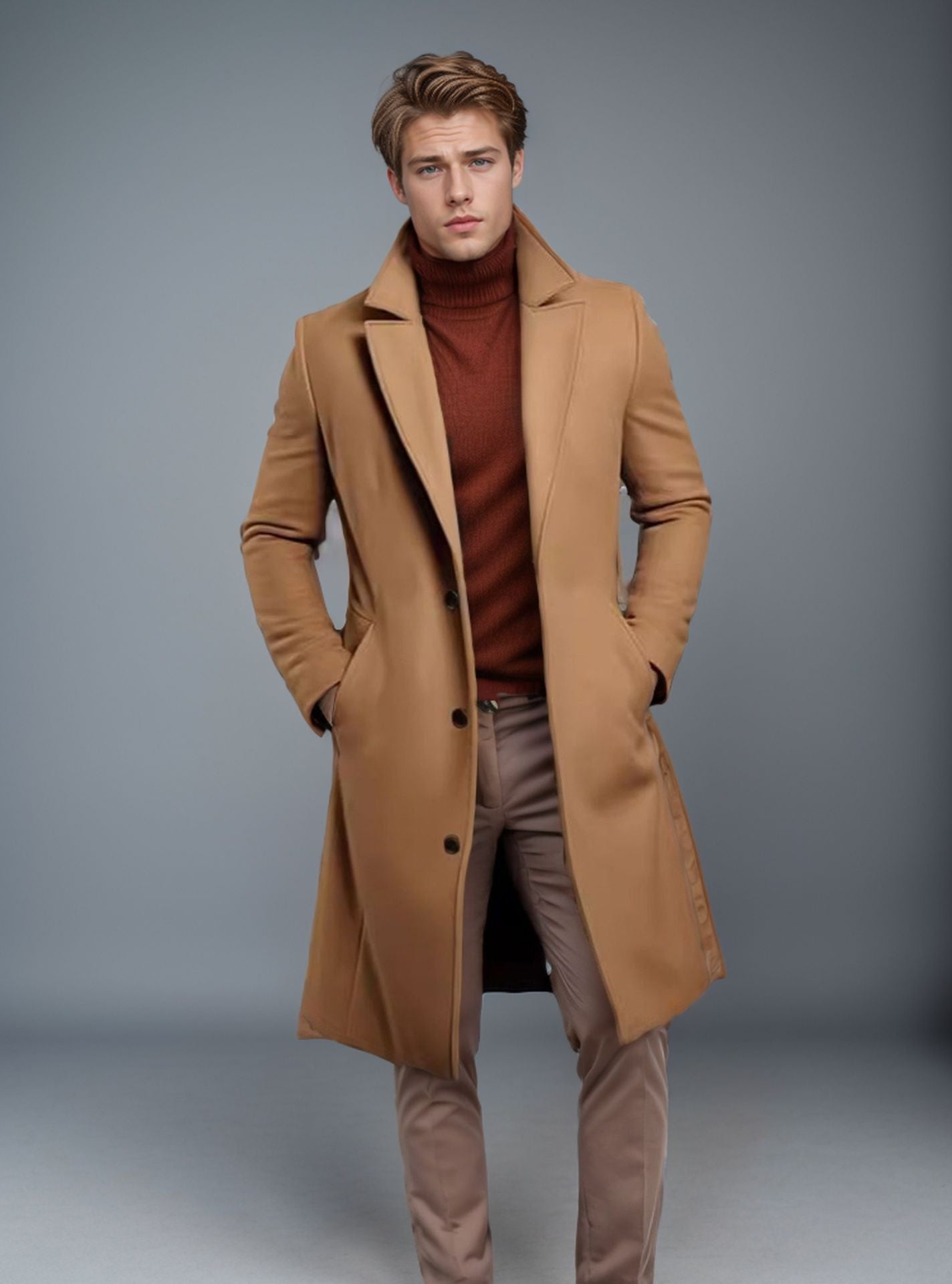 Men’s Slim Fit Winter Trench Coat – Classic Mid-Length Business Overcoat