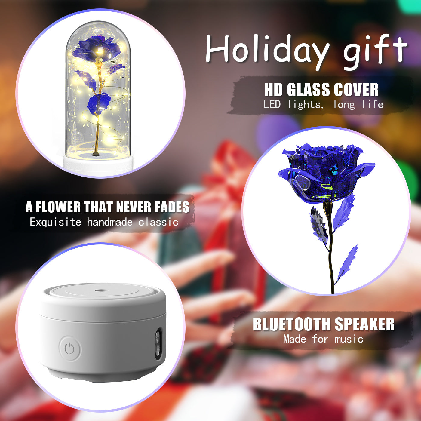 2-in-1 LED Rose Flower Lamp with Bluetooth Speaker | Romantic Glass Dome Gift