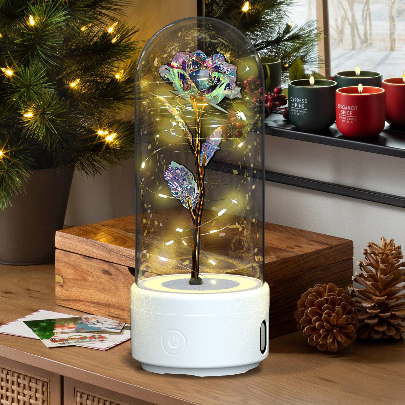 2-in-1 LED Rose Flower Lamp with Bluetooth Speaker | Romantic Glass Dome Gift