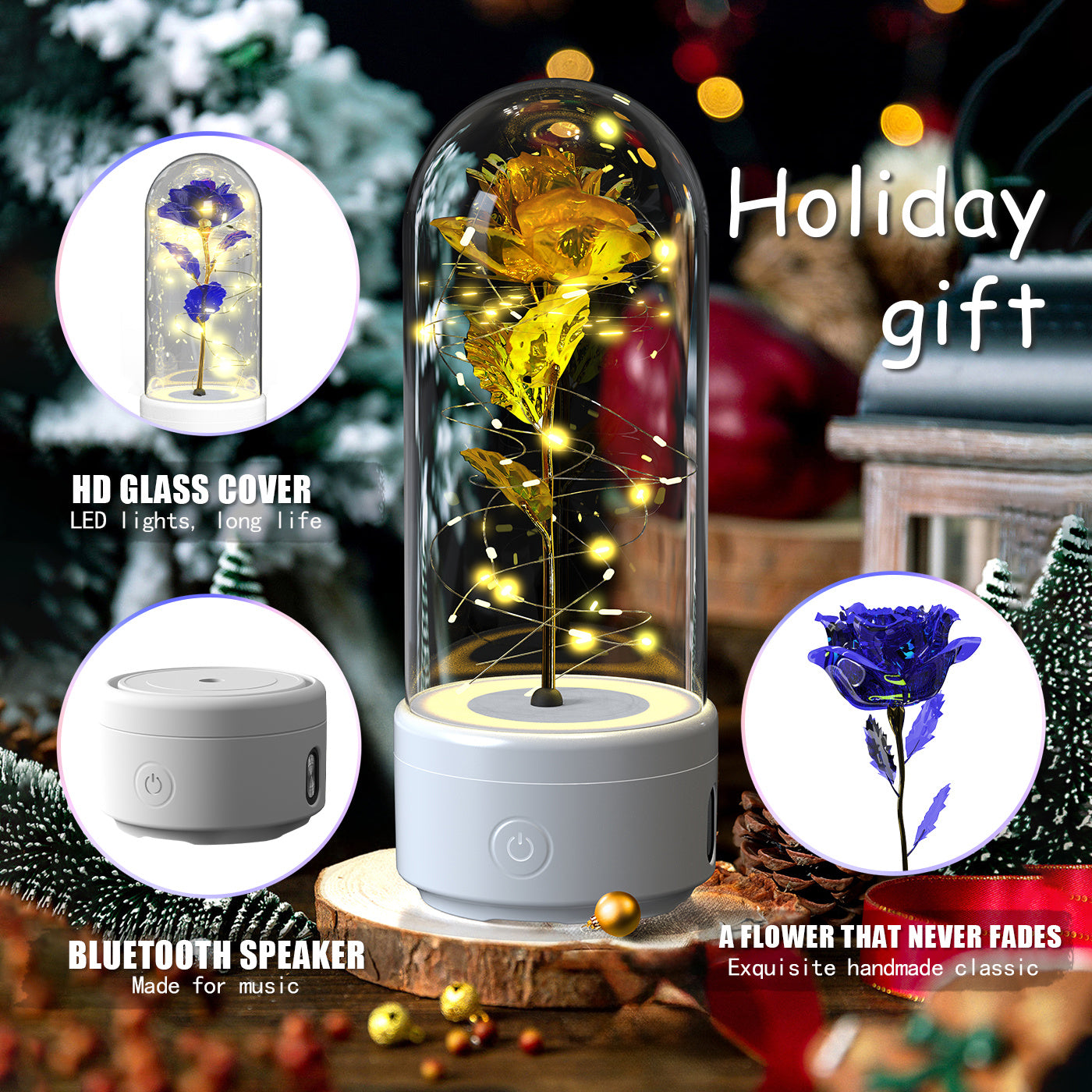 2-in-1 LED Rose Flower Lamp with Bluetooth Speaker | Romantic Glass Dome Gift