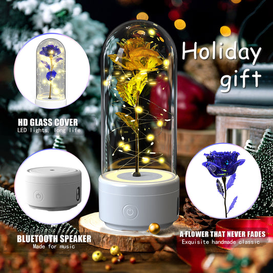 2-in-1 LED Rose Flower Lamp with Bluetooth Speaker | Romantic Glass Dome Gift