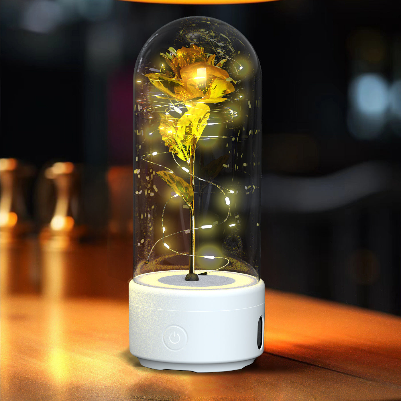 2-in-1 LED Rose Flower Lamp with Bluetooth Speaker | Romantic Glass Dome Gift